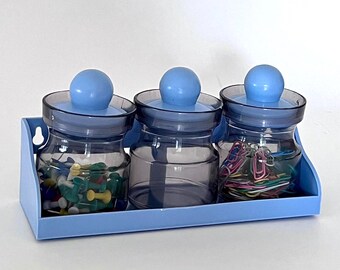 Vintage Desk Organizer with Smoke Plastic Jars: 1980s Blue Shelf & Lids, Wall or Desktop