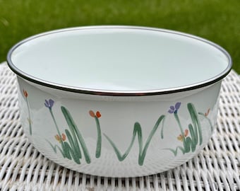 Vintage 1980s Mikasa Sketch Book Enamelware Bowl: Midsize Metal Container, Purple Orange Floral