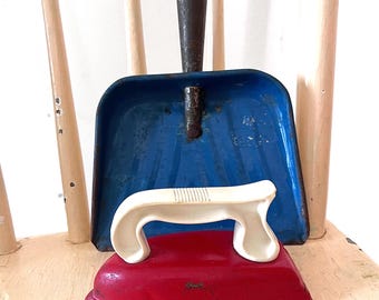Vintage Toy Iron & Dust Pan: Red Blue Metal, Laundry Room Decor, White Plastic Handle