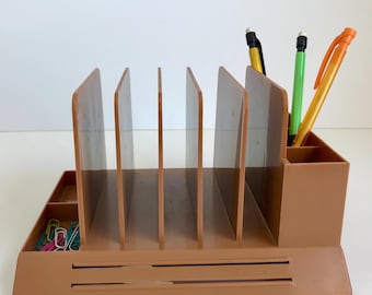 Vintage 1970s Max Klein Desk Organizer: Brown Plastic Pen Mail Caddy, Makeup Palette Brush Holder