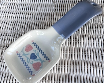 Vintage Ceramic Spoon Rest, Country Pink Blue Hearts, Kitchen Wall Plaque