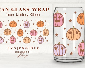 Cute Pumpkin Beer Can Glass Svg Cut File For Cricut,Retro Halloween Svg,16oz Libbey Full Wrap,Cute Spooky Coffee Glass Can,Libbey Template