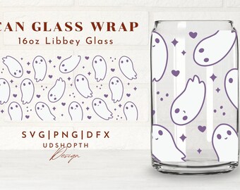 Cute Ghost Heart Beer Can Glass Svg Cut File For Cricut,Retro Halloween Svg,16oz Libbey Full Wrap,Cute Halloween Svg Pattern,Libbey Template
