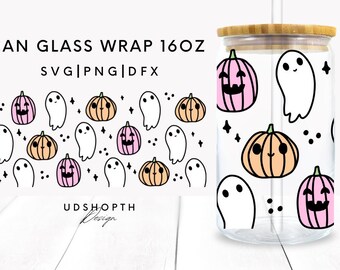 Cute Ghost Halloween Can Glass Svg, Pumpkin Svg, 16oz Libbey Full Wrap, Cute Spooky Coffee Glass Can, Coffee Glass Wrap, Libbey Template
