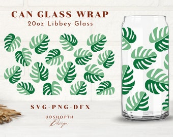 Monstera Leaves Libbey Glass Can Wrap SVG, 20oz Libbey Can Glass Wrap Svg, Flower beer can glass svg, Coffee glass can, Beer glass SVG