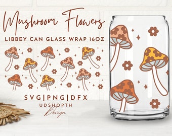 Retro Mushrooms Flowers Beer Can Glass Svg, Magic Mushroom Coffee Glass, 16oz Libbey Full Wrap Svg, Groovy Flower Svg, Libbey Template