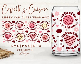 Cafecito Y Chisme Bierdose Glas Svg, 16oz Libbey Full Wrap Svg, Concha Mexican Pan Dulce Svg, Pink Love Kaffee Svg, Libbey Vorlage