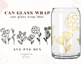 Flower Glass Cup, Floral Can Glass ,Floral line Can Glass svg, cup wrap for Libbey 16oz, Coffee glass can, Beer can glass SVG
