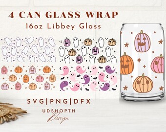 4 Cute Halloween Beer Can Glass Svg Bundle Cut File For Cricut, Retro Halloween Svg, 16oz Libbey Full Wrap, Cute Pumpkin Svg,Libbey Template