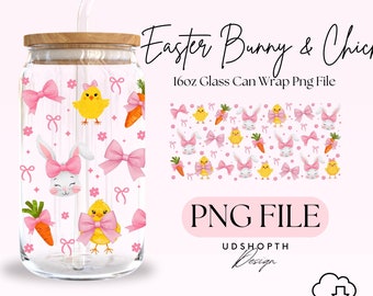 Cute Easter Bunny & Chick 16oz Libbey Glass Can Wrap Png, Cute Spring with Pink Bows, Pastel Easter Bunny Cup Wrap Design Digital Download