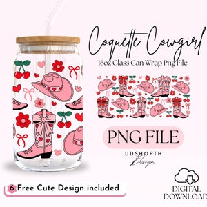 Coquette Cowgirl 16oz Libbey Glass Can Wrap Png, Boots Cowgirl Hat Girly, Cowgirl Glass Cup, Coquette Bow Cup Wrap Design Digital Download