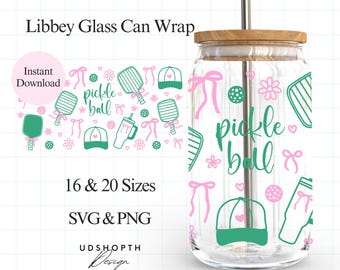 Preppy Pickleball Cup Wrap Svg, Coquette Libbey Glass Can Wrap Svg, 16oz Libbey Glass Can SVG, Pickleball Girl Svg, Pickleball Flower Svg