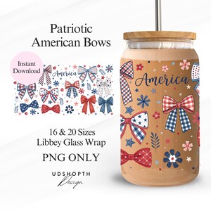 Patriotische amerikanische Bögen PNG, Kokette Vaterländischen Bogen Libbey Glasdosenverpackung, 4. Juli 16 Unzen Libbey Glasdose PNG, American Girl Coquette Png