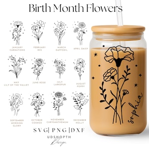 Birth Month Flower Svg, 16oz Libbey Full Wrap Svg, Botanical Svg, Wildflower Svg, Custom Name Mom Gift Idea, Flower Bouquet, Flower Svg