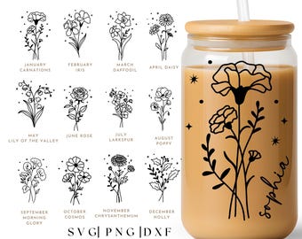 Birth Month Flower Svg, 16oz Libbey Full Wrap Svg, Botanical Svg, Wildflower Svg, Custom Name Mom Gift Idea, Flower Bouquet, Flower Svg