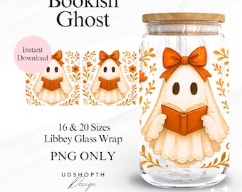 Bookish Ghost Glass Can Wrap PNG, Halloween Design, Book Lover, 16oz 20oz Libbey Cup Wrap, Cozy Ghost, Ghost Reading Book, Bookish Girly PNG