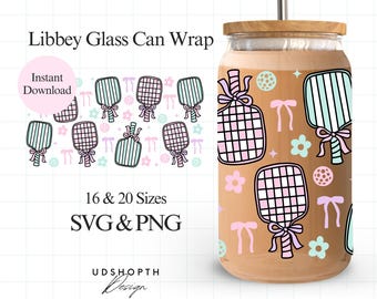 Pickleball Cup Wrap Svg, Preppy Coquette Libbey Glass Can Wrap Svg, 16oz Libbey Glass Can SVG, Pickleball Girl Svg, Pickleball Flower Svg