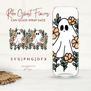 Retro Ghost Flowers Svg, Floral Ghost Svg, Halloween Glass Can Svg, 24oz Can Glass Svg, Wildflower Svg, Spooky Season Svg, Love Halloween
