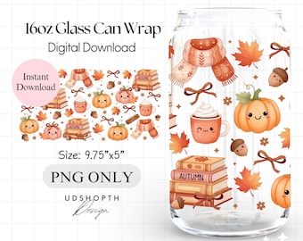 Kawaii Fall Bookish Glass Can Wrap PNG, Cozy Autumn Book Lover Png, 16oz Libbey Can Glass Sublimation Design, Pumpkin Book Digital Download