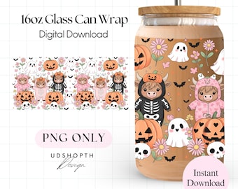 Halloween-inslagning med pumpa och höglandskon, 47 cl Libbey-glasburk, PNG, blommigt höglandskon-spöke, söt pastellfärgad, läskig sublimeringsdesign