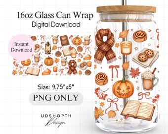 Cozy Fall Glass Can Wrap PNG, Pumpkin Spice Latte Wrap for 16oz Libbey Glass Can, Autumn Books Candles Pie PNG, Fall Aesthetic Sublimation