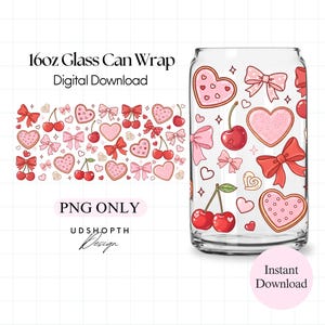 Puede incluir: Un envoltorio de lata de vidrio transparente con un diseño de descarga digital. El envoltorio presenta corazones rosas, lazos y cerezas. El texto "16oz Glass Can Wrap Digital Download" y "PNG ONLY" son visibles. El diseño incluye el texto "Instant Download".