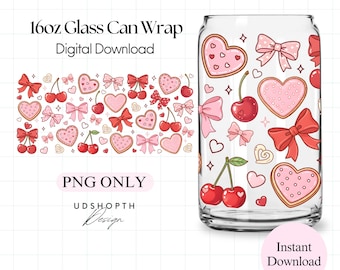 Confezione regalo in vetro con fiocco di ciliegia di San Valentino in formato PNG, confezione regalo completa Libbey da 16 once in formato PNG, biscotto a forma di cuore rosa carino da ragazza, estetica dell'amore civettuolo, modello Libbey