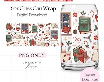 May include: A clear glass can wrap design with a Christmas theme. The design features books, windows, socks, baubles, and candy canes. Text on the design reads "All Booked for Christmas" and "Instant Download". The can wrap is 473ml.