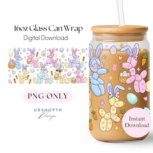 Puede incluir: Un envoltorio de lata de vidrio de 16 oz con un diseño de descarga digital. El envoltorio presenta un patrón repetido de animales de globos con forma de conejitos de Pascua, zanahorias y huevos. Los conejitos son de colores pastel.