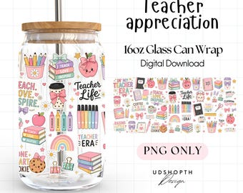 Coquette Teacher 16oz Libbey Glass Can Wrap Png, Teacher Life PNG, Pastel School Cup Wrap, In My Teacher Era, Teacher Appreciation Gift