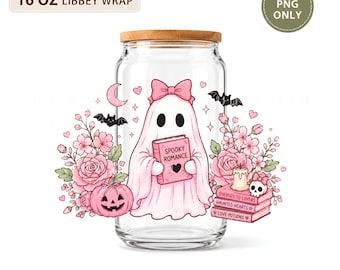 Pink Ghost Reading Book PNG, Spooky Romance Reader 16oz Glass Can Wrap (Digital Download)