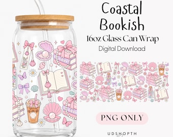Coastal Bookish 16oz Glass Can Wrap PNG, Seashell Libbey Wrap, Beach Book Lover (Digital Download)