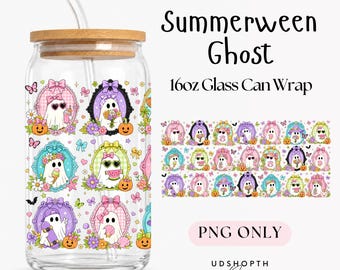 Summerween Ghost 16oz Glass Can Wrap PNG, Pastel Halloween Coquette Design (Digital Download)