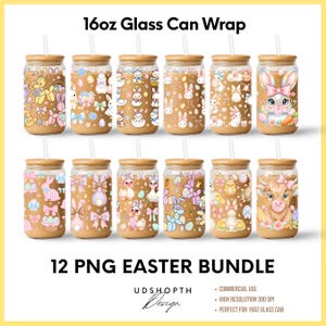 Pode incluir: Um conjunto de 12 designs para embrulhar copos de vidro com temas de Páscoa. Cada design apresenta coelhos, ovos e laços. O texto "16oz Glass Can Wrap" e "12 PNG Easter Bundle" são visíveis. Projetado para um copo de vidro de 473 ml.