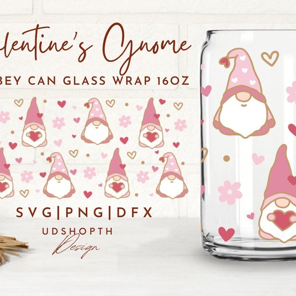 Valentine Gnome with Flower Can Glass Svg, 16oz Libbey Full Wrap Svg, Heart gnome,Happy Valentine Day Svg,Valentine Love Svg,Libbey Template