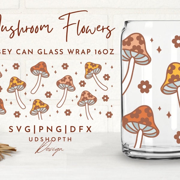 Retro Mushrooms Flowers Beer Can Glass Svg, Magic Mushroom Coffee Glass, 16oz Libbey Full Wrap Svg, Groovy Flower Svg, Libbey Template