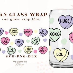 Conversation Hearts Libbey Glass SVG, Hearts Glass Cup, Valentines Day SVG, Cup Wrap for Libbey 16oz, beer can glass svg, Coffee glass can