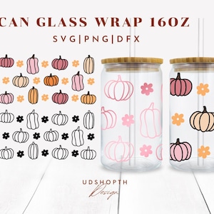 May include: Two 16 oz glass can wraps with a pumpkin and flower pattern. The wraps are pink, orange, and white. The image also includes a set of pumpkin and flower graphics in black and white.