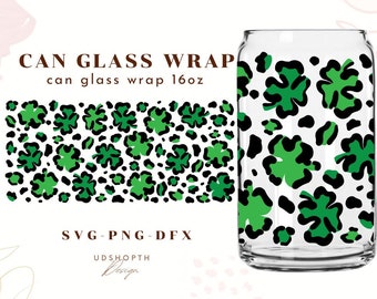 Shamrock Leopard Svg, St Patricks Day Can Glass, Lucky Clover Svg, Clover Leaf svg, Cup Wrap for Libbey 16oz, beer can glass Svg