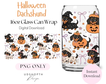 Halloween Dachshund 16oz Libbey Glass Can Wrap, Spooky Wiener Dog Sublimation PNG (Digital Download)