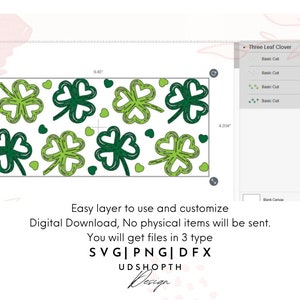 May include: A digital design featuring a pattern of green four-leaf clovers with small hearts scattered throughout. The design is available in SVG, PNG, and DFX file formats.  Easy layer to use and customize. Digital Download, No physical items will be sent. You will get files in 3 type SVG|PNG|DFX UDSHOPTH Design