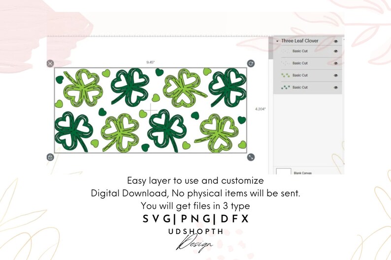 May include: A digital design featuring a pattern of green four-leaf clovers with small hearts scattered throughout. The design is available in SVG, PNG, and DFX file formats.  Easy layer to use and customize. Digital Download, No physical items will be sent. You will get files in 3 type SVG|PNG|DFX UDSHOPTH Design