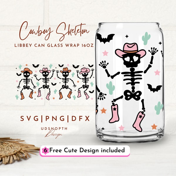 Cowboy Skeleton 16oz Glass Can Wrap Svg, Dancing Skeletons Svg, Halloween Skeleton Svg, Retro Cowboy Svg, Western Halloween, Funny Halloween