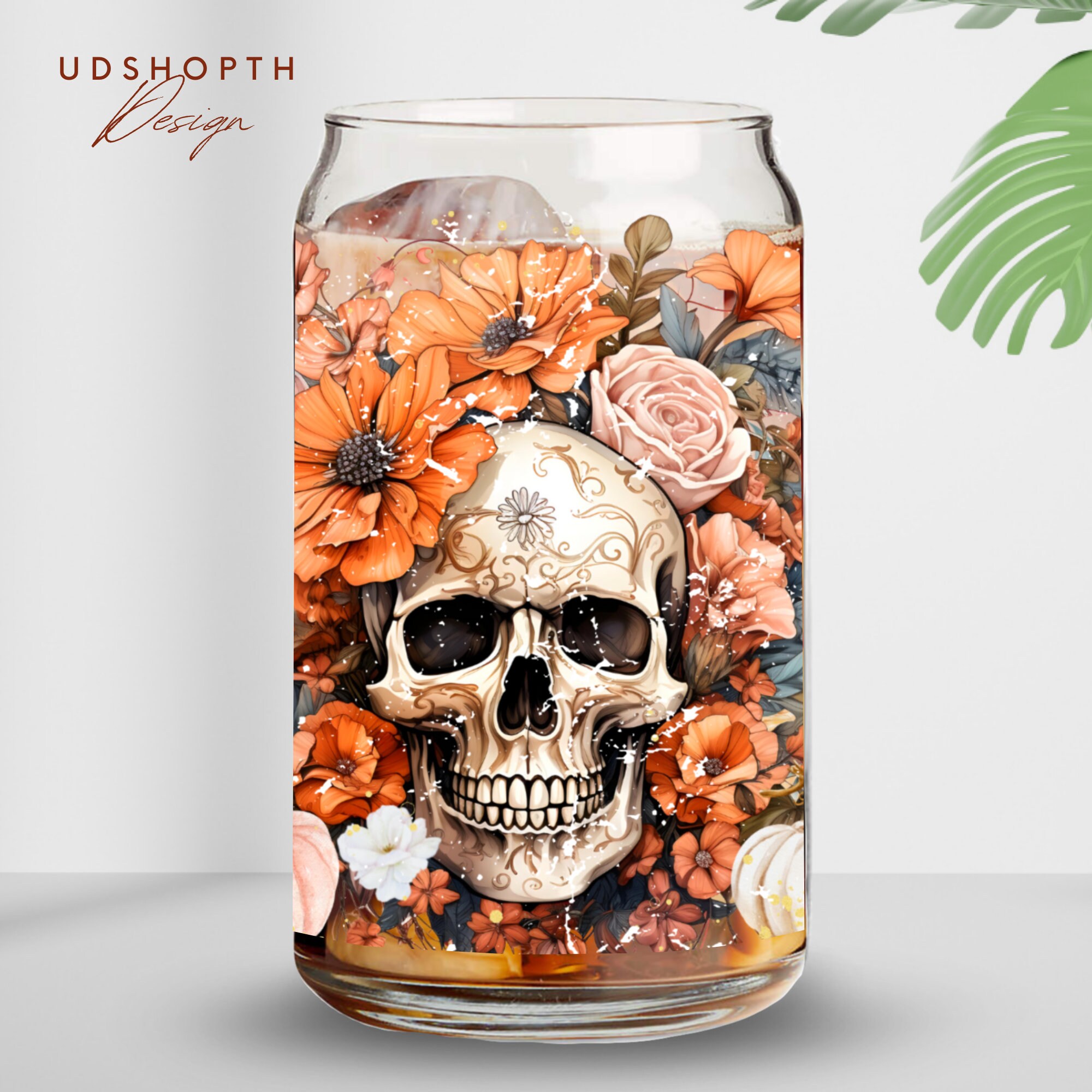 Floral Skull 16oz Glass Can Wrap Png, Pumpkin Cup, Fall Vibes Png ...
