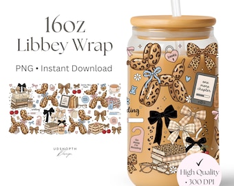 Leopard Balloon Dog Book Lover 16oz Libbey Glass Can Wrap PNG, Coquette Bookish Cup Png, Coffee and Books Wrap, Reader Aesthetic Sublimation