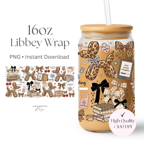 Leopard Balloon Dog Book Lover 16oz Libbey Glass Can Wrap PNG, Coquette Bookish Cup Png, Coffee and Books Wrap, Reader Aesthetic Sublimation