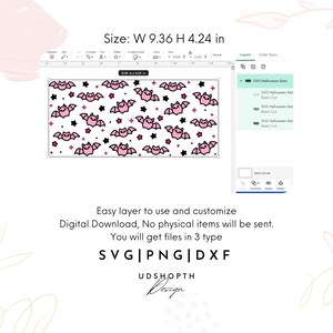 May include: A digital download of a seamless pattern featuring pink bats and black stars on a white background. The pattern is 9.36 inches wide and 4.24 inches tall. The file is available in SVG, PNG, and DXF formats.