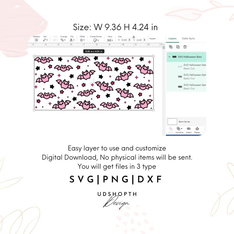 May include: A digital download of a seamless pattern featuring pink bats and black stars on a white background. The pattern is 9.36 inches wide and 4.24 inches tall. The file is available in SVG, PNG, and DXF formats.