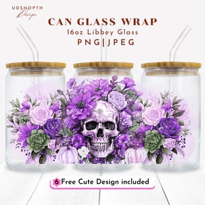 Floral Skull 16oz Glass Can Wrap Png, Pumpkin Cup, Fall Vibes Png, Autumn Flowers Halloween, Halloween Glass Cup, Skull Sublimation Design