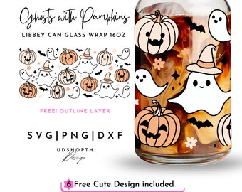 Ghosts with Pumpkins Svg, 16oz Libbey Can Glass Svg, Cute Halloween Glass Can, Spooky Season Svg, Cute Ghost Halloween Svg, Fall Pumpkin Svg